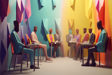 Wall Mural - Inclusive Workplace. Hiring Scene. Multicultural Job Interview in Low-Poly Style