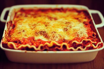 Canvas Print - Homemade lasagna in juicy tomato sauce with cheese and herbs, created with generative ai