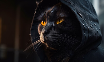 Mysterious black cat with yellow eyes wearing hood. Feline in the raindrops. Close up. Generative AI.