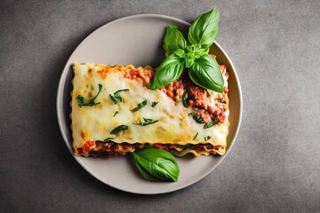 Wall Mural - Vegetarian Italian lasagna with vegetables and basil on table, created with generative ai