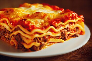 Wall Mural - Pieces of Italian traditional lasagna pasta with cheese meat on plate, created with generative ai