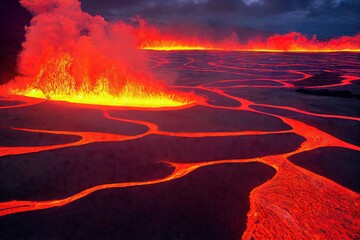 Poster - Streams of burning lava texture spread over earth's surface, created with generative ai