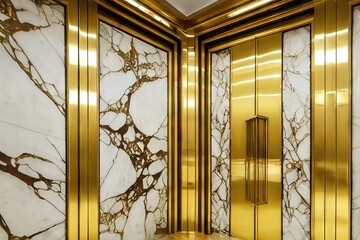 Poster - Beautiful lift doors with shiny golden finish, created with generative ai