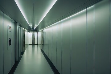 Poster - Wide corridor leading to spacious lift doors in office building, created with generative ai