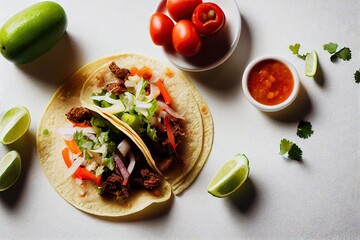 Wall Mural - Traditional tacos mexican with meat, herbs and fresh tomatoes, created with generative ai