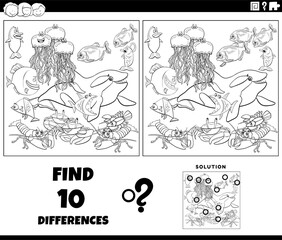 Wall Mural - differences game with marine animals coloring page