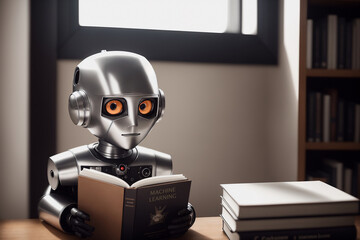 Poster - An antropomothic robot android reading a book, concept of machine learning. AI generative