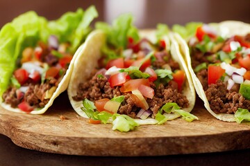 Wall Mural - Delicious tacos mexican with salsa and lettuce with lime, created with generative ai