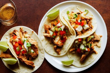 Sticker - Tacos mexican laid out on table with multi-colored filling of vegetables and meat, created with generative ai