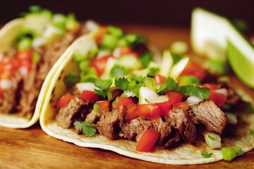 Wall Mural - Tacos mexican laid out on table with multi-colored filling of vegetables and meat, created with generative ai