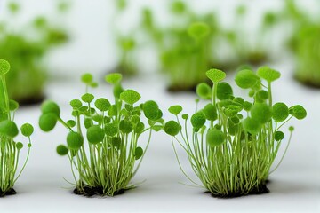 Poster - Small tufts of delicate thin microgreens on white background, created with generative ai