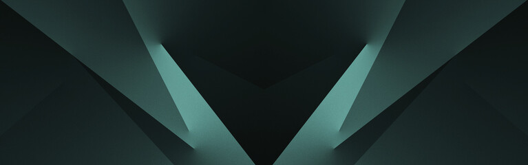 Blue green abstract modern background for design. 3d effect.Geometric shape. Lines, triangles. Gradient. Dark jade color. Light, glow. Metallic sheen. Wide banner. Panoramic.