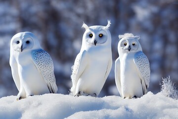 Sticker - Beautiful white polar owl sitting in snow on blue gray background, created with generative ai