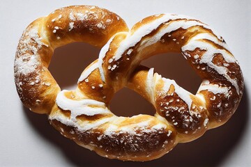 Sticker - Delicious golden brezel sprinkled with sugar in shape of heart, created with generative ai