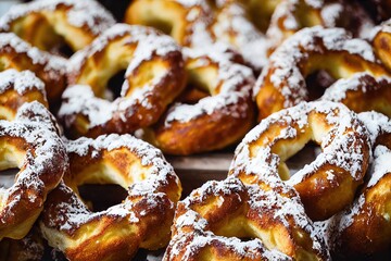 Sticker - Beautiful delicious breakfast snack in form of brezel in powdered sugar, created with generative ai