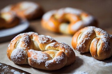 Sticker - Beautiful delicious breakfast snack in form of brezel in powdered sugar, created with generative ai