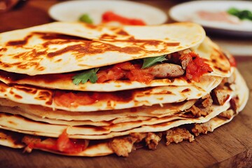 Wall Mural - Mexican quesadillas with minced tomatoes and greens on table, created with generative ai
