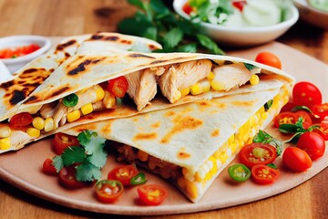 Wall Mural - Quesadillas in tortilla with chicken, cheese corn and tomatoes, created with generative ai