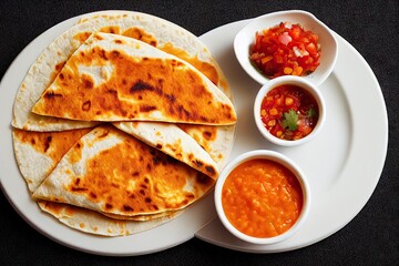 Wall Mural - Crispy Quesadillas tortillas with cheese and salsa sauce and pepper, created with generative ai