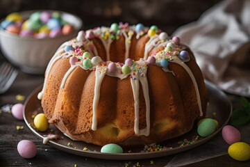 Wall Mural - Easter bundt cake decorated colorful chocolate candy eggs. Side view table scene with spring decor. Ai generated