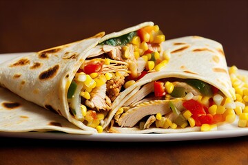 Sticker - Traditional Mexican sandwich Quesadillas with chicken vegetables and corn on grill, created with generative ai