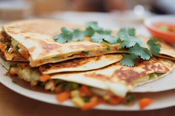 Wall Mural - Tortilla with beef Quesadillas with greens and tomatoes, created with generative ai