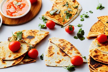 Wall Mural - Crispy grilled Quesadillas in salsa sauce with red tomatoes, created with generative ai