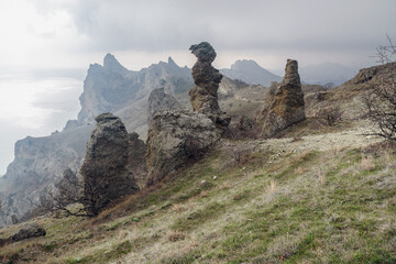 Wall Mural - Gingerbread horse rock and bizarre rocks in Dead city. Khoba-Tele Ridge of Karadag Reserve in spring. Crimea