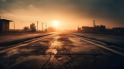 Canvas Print - Asphalt road in the countryside at sunset. Generative Ai