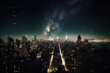 A modern city skyline at night, with the glowing street lights, illuminated buildings, and the stars shining brightly in the night sky - Generative AI
