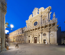 Baroque Facade Of Basilica Di Santa Croce Floodlit In Evening, Lecce, Puglia