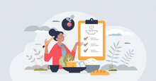 Meal Planning As Plan For Effective Food Preparation Tiny Person Concept. Healthy Eating With Balanced Vegetables, Meat And Vitamins Intake For Weight Loss Vector Illustration. Diet Organizing Chart.