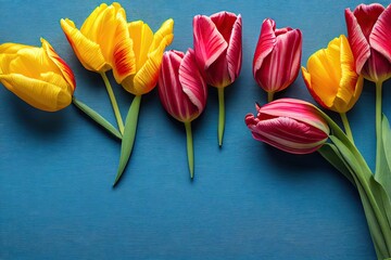 Wall Mural - Yellow and red tulips bouquet lying on table for decoration, created with generative ai