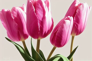 Canvas Print - Bright crimson tulips bouquet on light gray background, created with generative ai