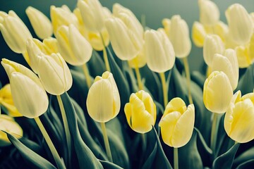 Wall Mural - Tulips bouquet of beautiful bright yellow color with green leaves, created with generative ai