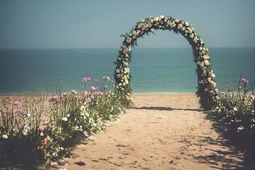Wall Mural - wedding arch with white flowers on beach by sea, created with generative ai