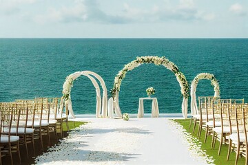 Wall Mural - Romantic beautiful wedding arch with flowers by sea, created with generative ai