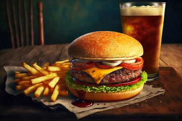 Sticker - Golden bun with burger and french fries with cold coke on table, created with generative ai