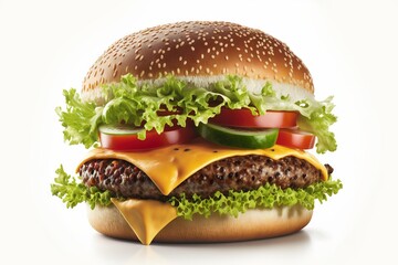 Canvas Print - Big cheese burger on white isolated background, created with generative ai