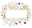 Frame with of watercolor wild flowers and leaves, summer wedding and greeting illustration