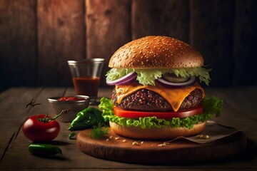 Canvas Print - Juicy appetizing beef burger as fast food to cool drink, created with generative ai