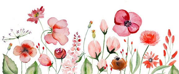 Wall Mural - Border made of red watercolor wild flowers and leaves, summer wedding and greeting illustration