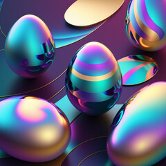 Wall Mural - Holographic colourful Easter Eggs background, Generative AI