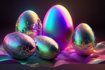 Wall Mural - Holographic colourful Easter Eggs background, Generative AI