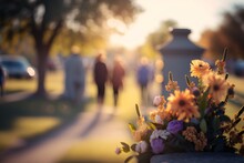 On Memorial Day, Pay Your Respects With This Beautiful Wide Shot Of A Cemetery Featuring Soft Bokeh Of Flowers And Defocused Visitors In The Background. Generative Ai