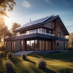 Wall Mural - home with solar panels on the roof, ideal for sustainable energies backgrounds, generative AI