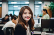 Office Working Girl, Pretty and Cute Asian Smile is Standing in front of Camera and Office Environment Background created with generative AI.