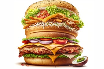 Poster - Large delicious craft chicken burger with cutlet french fries and vegetables on isolated white background, created with generative ai