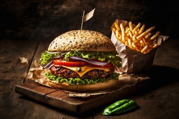 Sticker - Nutritious burger and french fries snack with bright tomatoes and ketchup, created with generative ai