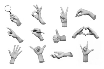Wall Mural - Set of 3d hands showing gestures as ok, peace, thumb up, point to object, shaka, rock, holding magnifying glass, writing isolated on white background. Contemporary art, creative collage. Modern design